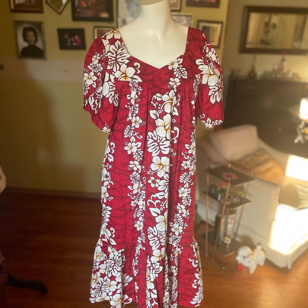 Hawaiin Red Puff Sleeve Square Neck Hawaiin Togs Sundress